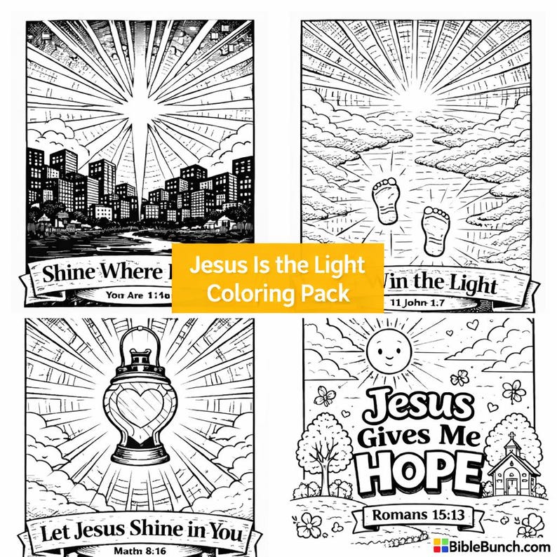 Puede incluir: Un paquete de colorear en blanco y negro titulado "Jesus Is the Light Coloring Pack". El paquete incluye cuatro ilustraciones con temas religiosos. Cada ilustraci&oacute;n presenta texto como "Shine Where You Are" y "Jesus Gives Me Hope".