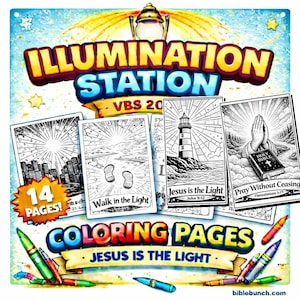 May include: A collection of coloring pages with the theme "Jesus is the Light." The set includes 14 pages with various illustrations, including a cityscape, footprints, a lighthouse, and praying hands. The title "Illumination Station" is displayed prominently.