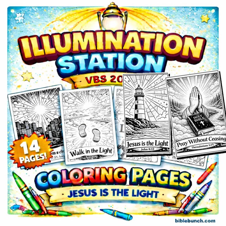 Puede incluir: Un conjunto de p&aacute;ginas para colorear con el tema "Jes&uacute;s es la Luz". La imagen muestra 14 p&aacute;ginas con ilustraciones de un paisaje urbano, huellas, un faro y manos rezando. El t&iacute;tulo "Illumination Station" se muestra en un banner colorido.
