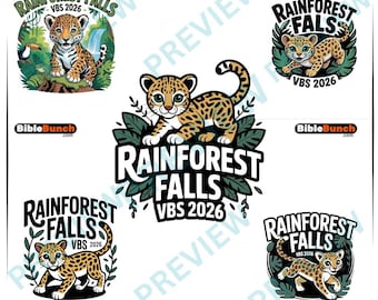 Pakiet logo Rainforest Falls VBS 2026 | Dottie The Jungle Leopard | Grafika na wakacyjne szkoły biblijne na koszulki, dekoracje i materiały do druku