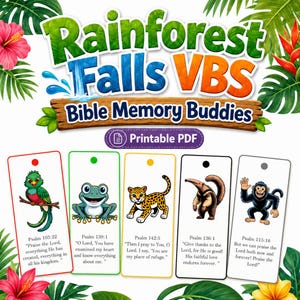 Puede incluir: Gráfico colorido para una Escuela Bíblica de Vacaciones (EBV) con el tema "Rainforest Falls". Presenta un logotipo y cinco marcadores con temática de animales con versículos bíblicos. Los marcadores incluyen un pájaro, una rana, un jaguar, un oso hormiguero y un mono.