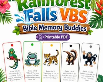 Tarjetas imprimibles en PDF de Rainforest Falls VBS con versículos bíblicos para memorizar.