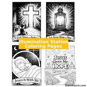 Puede incluir: P&aacute;ginas para colorear en blanco y negro con temas religiosos. Las p&aacute;ginas incluyen ilustraciones de una cruz, una linterna con un coraz&oacute;n, un ni&ntilde;o durmiendo y un paisaje soleado con una iglesia. El texto incluye "Illumination Station Coloring Pages" y vers&iacute;culos b&iacute;blicos.