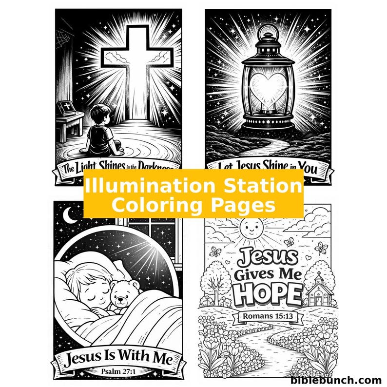 Puede incluir: P&aacute;ginas para colorear en blanco y negro con temas religiosos. Las p&aacute;ginas incluyen ilustraciones de una cruz, una linterna con un coraz&oacute;n, un ni&ntilde;o durmiendo y un paisaje soleado con una iglesia. El texto incluye "Illumination Station Coloring Pages" y vers&iacute;culos b&iacute;blicos.