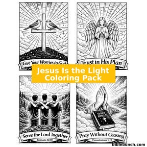 Puede incluir: Paquete de colorear en blanco y negro titulado "Jesus Is the Light Coloring Pack". El paquete incluye cuatro ilustraciones: una cruz con p&aacute;jaros, un &aacute;ngel, tres personas y manos rezando con una Biblia.