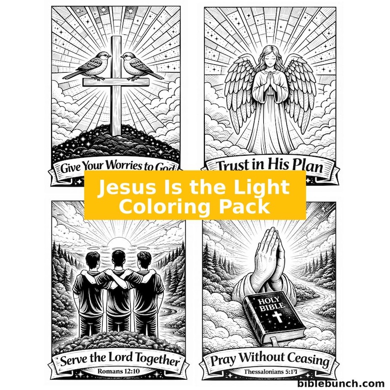 Puede incluir: Paquete de colorear en blanco y negro titulado "Jesus Is the Light Coloring Pack". El paquete incluye cuatro ilustraciones: una cruz con p&aacute;jaros, un &aacute;ngel, tres personas y manos rezando con una Biblia.