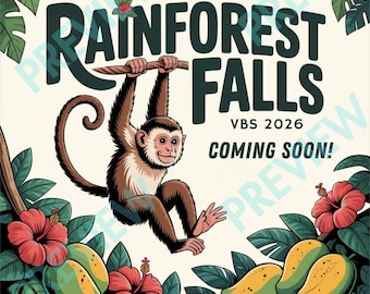 Pakiet grafik promocyjnych na wakacyjny kurs biblijny Rainforest Falls VBS 2026 | 12 obrazów do mediów społecznościowych i ogłoszeń kościelnych dla szkoły biblijnej