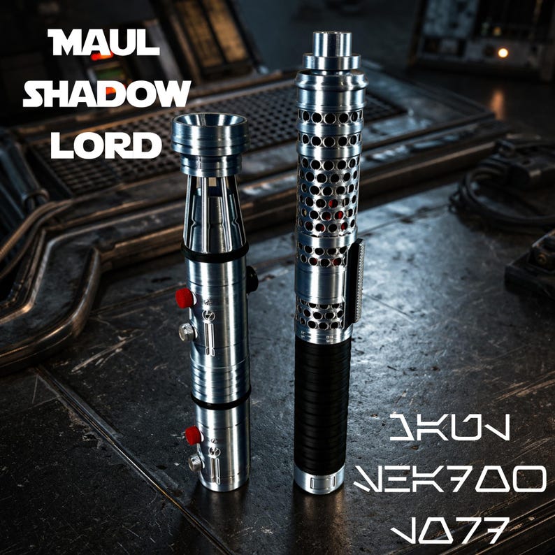 May include: Two metallic lightsabers with intricate designs. One has a perforated body with a black grip, the other has a segmented design with red accents. The text "MAUL SHADOW LORD" and "AKUN NEK700 JO77" are visible.