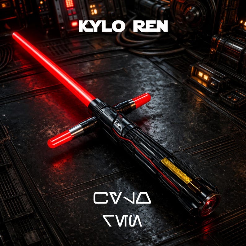 May include: A Kylo Ren lightsaber with a bright red blade and crossguard. The hilt is black with silver accents and a gold-colored panel. The text "KYLO REN" is at the top, with other text at the bottom.