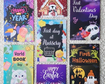 7 Baby Milestone Holiday Card Set – for First Christmas, New Year, Nursery Day, Easter, Halloween & More