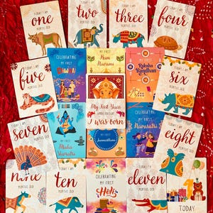 20 cartes jalons bébé hindou indien - Célébrez les souvenirs de la première année et les festivals comme Holi, Diwali, Raksha Bandhan, Janmashtami et plus