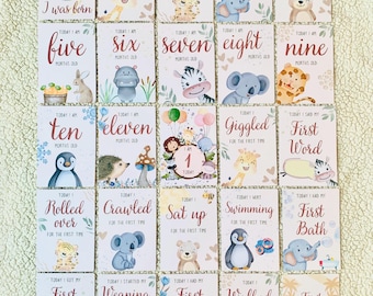 25 Jungle Safari Baby Milestone Cards – Celebrate Baby’s 1st Year Moments: Crawling, First Words, Haircut & More! Perfect Baby Shower Gift