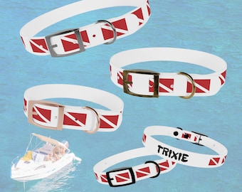 Pet Collar~ Dive-Flag Design~Personalized Dog Collars~ 4 Sizes & Buckle Colors~Customizable~Scuba Diver Pets