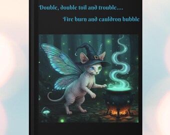 Op de afbeelding: Zwart notitieboek met een fantasie-illustratie. Een naakte kat met vleugels en een heksenhoed staat bij een borrelende ketel. De tekst luidt: "Double, double toil and trouble... Fire burn and cauldron bubble."