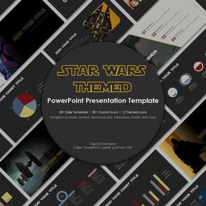 May include: A Star Wars themed PowerPoint presentation template with 30 slides, 20 custom icons, and 12 themed icons. The template includes content, processes, lists, milestones, charts, and more. The template is available for digital download in PowerPoint (ppt) and Font (ttf) formats.