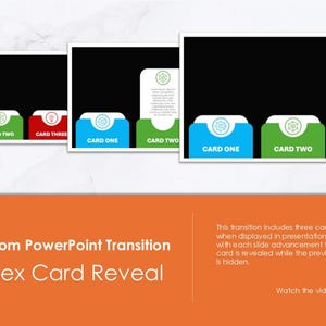 May include: A PowerPoint presentation slide showing a custom transition effect called "Index Card Reveal". The effect shows three cards with different colored backgrounds: blue, green, and red. Each card has a white circle with a different icon in the center. The text "Custom PowerPoint Transition" and "Index Card Reveal" is displayed in large, bold font at the bottom of the slide.