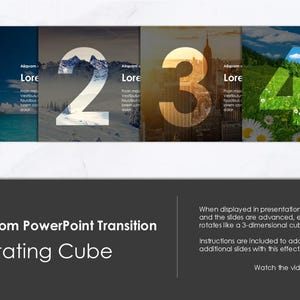 Puede incluir: Una diapositiva de presentación de PowerPoint que muestra un efecto de transición de cubo rotatorio. La diapositiva está dividida en cuatro secciones, cada una con una imagen de fondo diferente y un número grande. Los números son 1, 2, 3 y 4. El texto "Custom PowerPoint Transition" y "Rotating Cube" se muestra en la parte inferior de la diapositiva. El texto "Cuando se muestra la presentación y las diapositivas se avanzan, cada diapositiva gira como un cubo tridimensional." se muestra en la parte inferior derecha de la diapositiva. El texto "Las instrucciones están incluidas para agregar diapositivas adicionales con este efecto." se muestra debajo del texto anterior. El texto "Ver el video" se muestra en la parte inferior derecha de la diapositiva con un icono de flecha hacia la derecha.