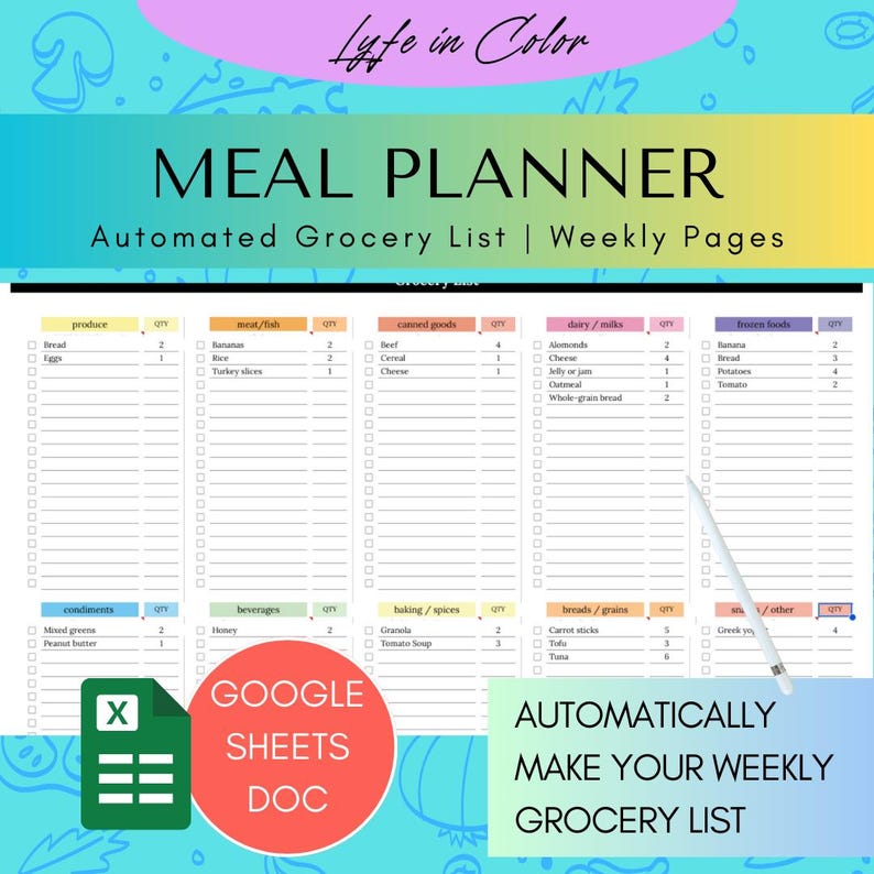 Weekly Meal Planner With Automated Grocery List (google Sheets Template ...