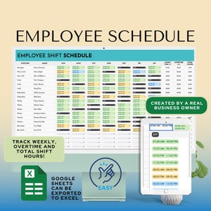 Employee Schedule for Restaurant | Track Staff Shifts Daily Weekly Overtime | Easy Spreadsheet Template Excel Google Sheets Dashboard