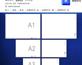 以下が含まれることがあります： 上部に「ARCHITECTURE」という単語が入ったデジタル建築デザイングラフィック。画像には「REVIT 2023 TITLE」、「LOTS OF PRESETS」、「2 OPTIONS」というテキストが含まれています。いくつかの白い長方形のレイアウトには、A1、A2、A3とラベルが付けられています。