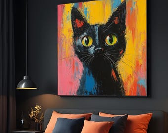 Black Cat Canvas Art, Colorful Cat Wall Art, Abstract Feline Print, Wall Art Canvas Design, Ready to Hang Decoration