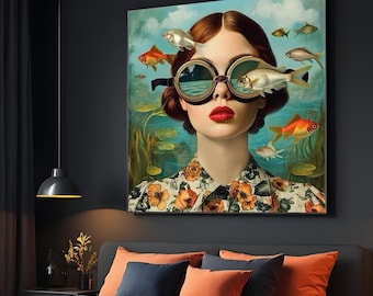 Surreal Fishbowl Glasses, Retro Woman Art, Quirky Wall Art Canvas, Colorful Fish Poster, Ready to Hang, Unique Home Decor, Vintage Style