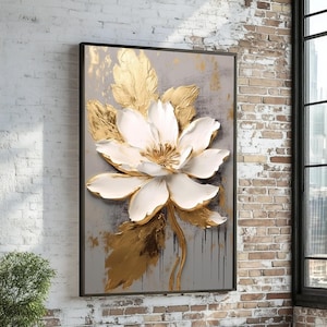 Elegant Gold Floral Canvas, Abstract Flower Art, Leaf Design, Wall Art Canvas, Metallic Bloom, Ready to Hang Decoration