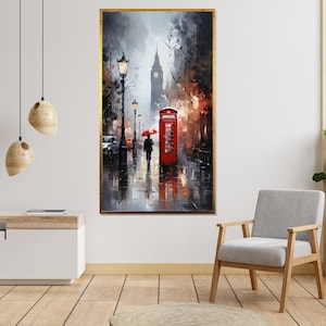 London Rain Canvas, Red Umbrella Art, Big Ben Poster, Cityscape Wall Art Canvas, Ready to Hang, Urban Decoration