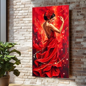 Flamenco Passion Canvas, Red Dress Dancer Art, Spanish Dance Wall Art, Elegant Canvas Design, Ready to Hang Home Decor