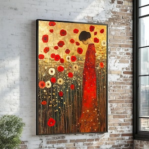 Gustav Klimt, Elegant Lady in Poppies Canvas Art, Woman in Red Dress Print, Floral Wall Art, Canvas Design, Ready To Hang Decoration
