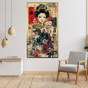 Canvas Geisha poker, Japanse kunstafdruk, bloemen geisha kunst aan de muur, speelkaarten poster, kunst aan de muur canvas ontwerp, klaar om op te hangen decoratie