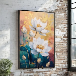 Elegant Lotus Canvas, Floral Wall Art, Lotus Blossom Art, Nature Canvas Design, Gold Accents Decor, Ready To Hang Decoration