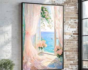 Sea Breeze Balcony Canvas, Ocean View Wall Art, Floral Window Print, Coastal Canvas Design, Ready to Hang Decoration