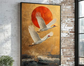 Elegant Cranes Canvas, Red Sun Bird Art, Animal Wall Art, Crane Painting, Wall Art Canvas Design, Ready To Hang Decoration