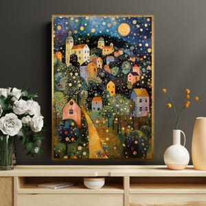 Tela villaggio stellato, paesaggio urbano notturno da sogno, ispirato a Gustav Klimt, arte murale colorata, design su tela, decorazione pronta da appendere