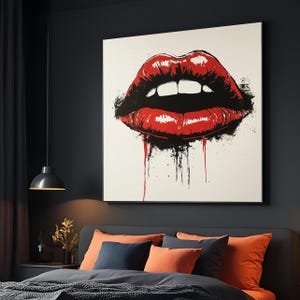 Lip Bite Art Canvas, Pop Art Lips Print, Bold Red Lips Wall Art, Modern Art Canvas Design, Ready To Hang Decoration