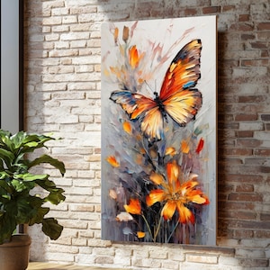 Tela con farfalla vivida, arte con farfalla colorata, arte murale con natura, stampa con farfalle e fiori, design per tela artistica da parete, pronta da appendere