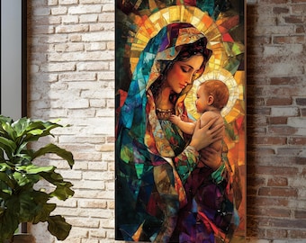 Stained Glass Madonna, Mother and Child Canvas, Religious Art Print, Wall Art Canvas Design, Ready To Hang Decoration