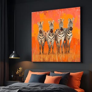 Vibrant Zebra Quartet Canvas, Zebra Wall Art, Orange Background, Animal Wall Print, Canvas Design, Ready to Hang Decoration
