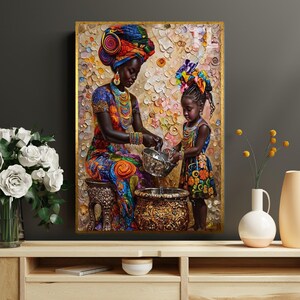 アフリカの母と子のキャンバス、カラフルなアフリカの芸術、文化的な壁アート、キャンバスの壁装飾、すぐに掛けられる、鮮やかな絵画