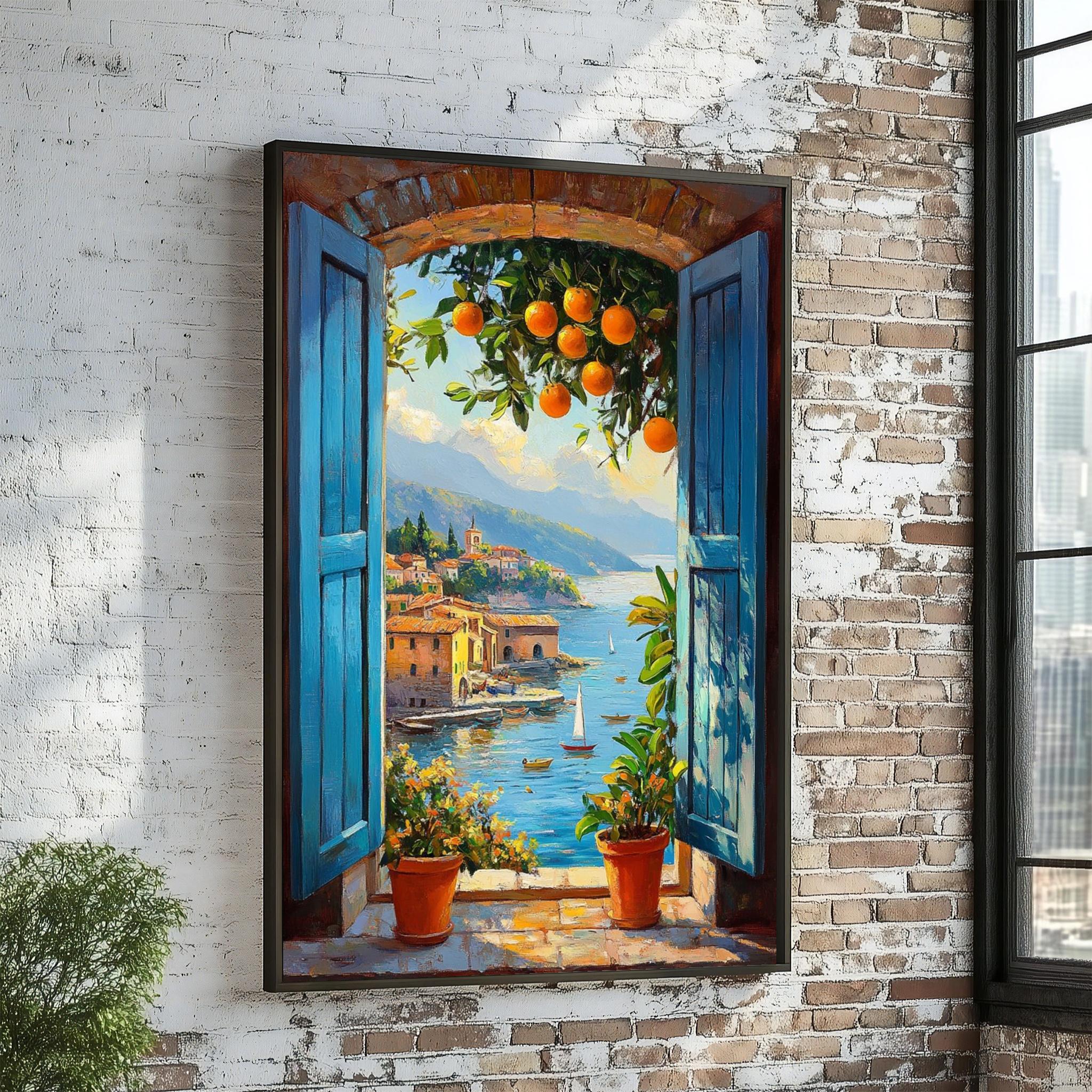 Window to Mediterranean Canvas, Seaside View Wall Art, Blue Door Painting, Coastal Decor, Wall Art Canvas Design, Ready To Hang