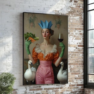 Elegante donna con corona di carta e cigni su tela, ritratto in stile vintage, decorazione da parete originale, illustrazione colorata di un personaggio