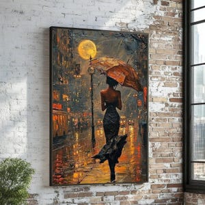 Elegant Woman with Umbrella in Rainy City, Nightscape Canvas Wall Art, Romantic Urban Scene, Impressionist Painting, Home Decoration