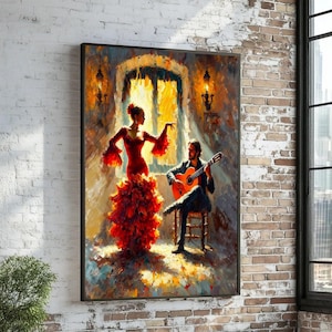 Quadro su tela raffigurante una danza flamenca, dipinto di un chitarrista e ballerino spagnolo, opera d'arte con un vivace abito rosso, decorazione per la casa con performance musicale, pronto per