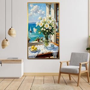 Seaside Blooms Canvas Art, Floral Still Life Print, Ocean View Wall Decor, Ready To Hang, Summer Breeze Canvas Design, Home Decoration