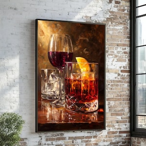 Elegant Wine and Whiskey Canvas, Bar Wall Art, Cocktail Canvas Print, Wall Art Canvas Design, Ready To Hang Decoration