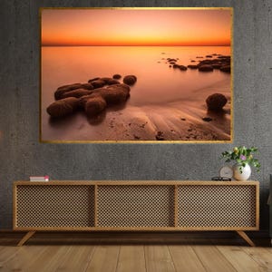 Serene Sunset Coastline Canvas, Tranquil Ocean Art, Beach Horizon Print, Landscape Wall Art, Canvas Design, Ready to Hang Decoration