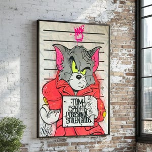 Graffiti Cat Canvas, Urban Art Wall Decor, Cartoon Cat Poster, Street Art Canvas Design, Ready To Hang, Pop Culture Wall Art