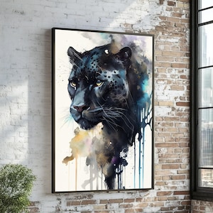 Toile majestueuse panthère noire, art mural animal, impression panthère aquarelle, toile art mural, décoration prête à accrocher