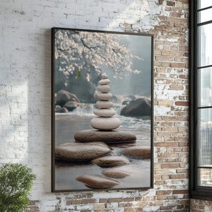 Lienzo de apilamiento de piedras zen, póster de río tranquilo, arte zen, diseño de lienzo de naturaleza tranquila, decoración del hogar lista para colgar, arte de pared Serenity